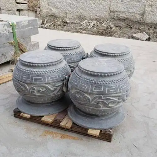 现代古建石头柱墩圆形雕花石墩样式图片