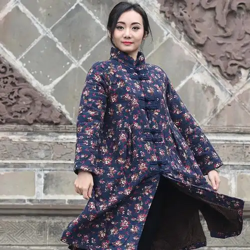女装棉麻复古印花立领盘扣毛里长款棉衣外套】价格_批发_厂家_参数