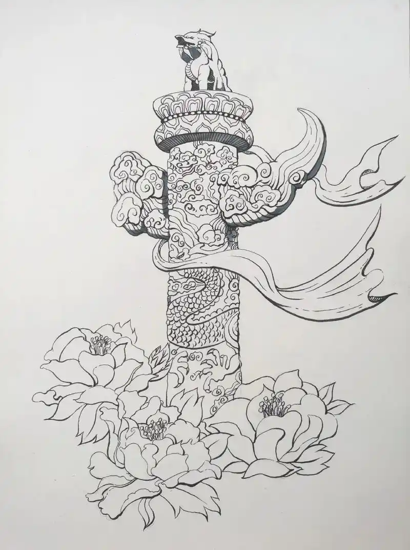 华表手绘.步骤左滑哈,华表 牡丹.#少儿美术 #一起学画画  - 抖音
