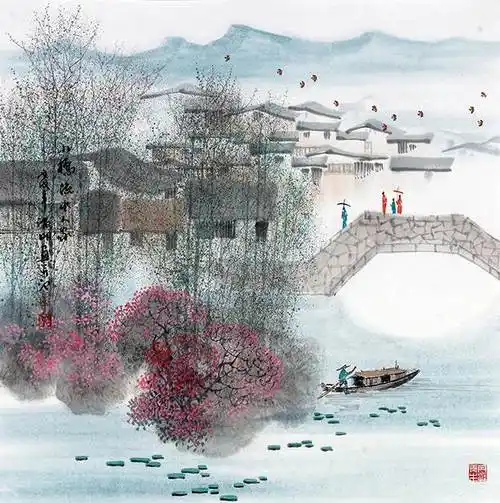 小桥流水人家水粉画小桥流水人家水粉画图片
