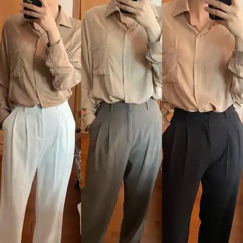 ootd通勤纠结三选一卡其色衬衫77西裤