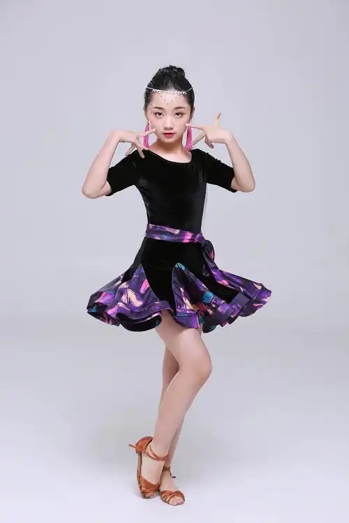 儿童拉丁舞裙夏季演出服装女童表演舞蹈服长袖女孩拉丁比赛练功服