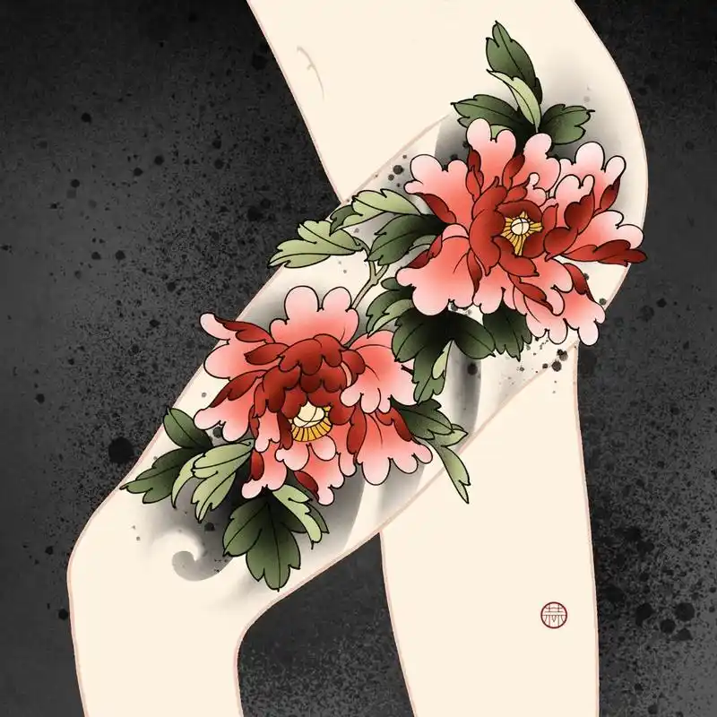 纹身|传统纹身|花卉纹身|女生纹身|大腿 原创牡丹花腿纹身手稿图案
