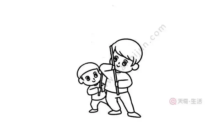 小男孩拿棍子的简笔画
