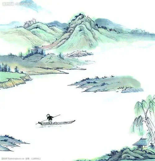 关键词:国画 出游 出游戏 山水 风景 船 人物 房子 白云 文化艺术