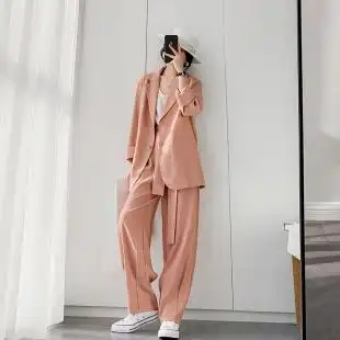 粉色西装套装女2020春装新款韩版休闲裤子系带气质女神时尚两件套