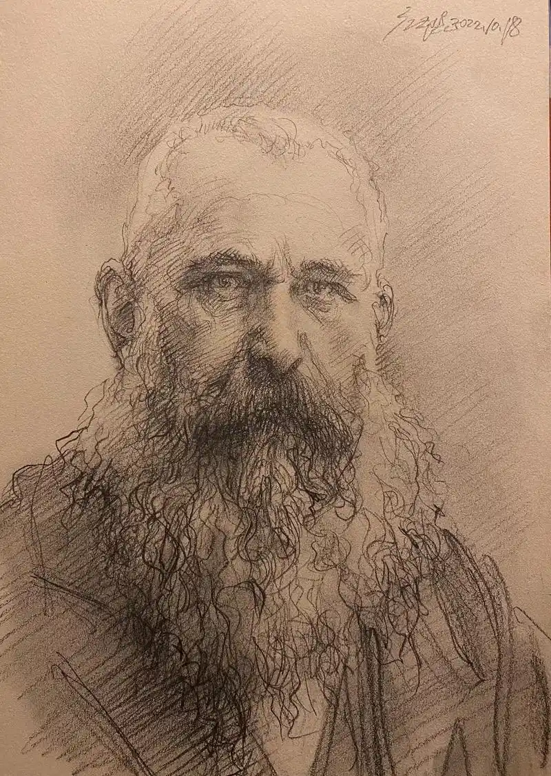 素描作品:《法国画家莫奈》34.5x23.5纸上铅笔202 - 抖音