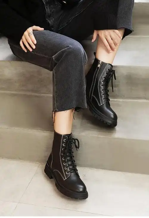 bata八孔马丁靴女冬季新款英伦风牛皮厚底粗跟短筒靴ape42dd1黑色35