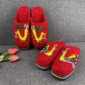 纯手工毛线拖鞋吉祥龙凤/老公老婆/喜字图案花样拖鞋居家婚嫁鞋