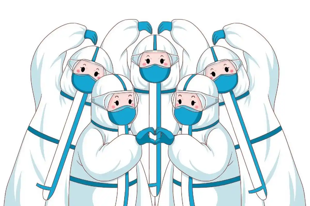 97医护人员穿着防护服比心大合照抗击疫情 97医生防护人员加油