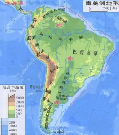 南美洲南部地区主要有巴西高原和拉普拉塔平原,西部则是安第斯山脉