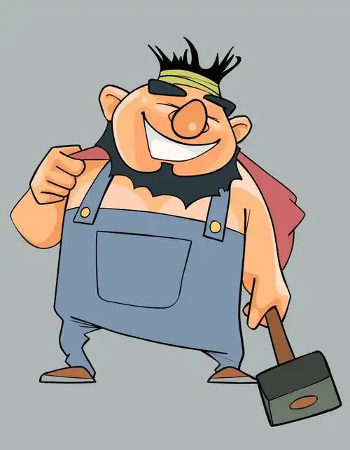 穿着工装裤手里拿着锤子的卡通人物形象设计矢量