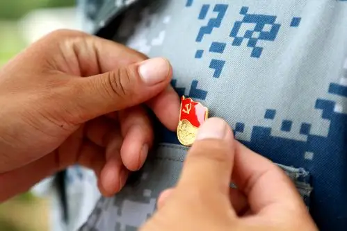 新党员佩戴上党徽一种前所未有的荣誉感洋溢在脸上与闪闪发光的党徽