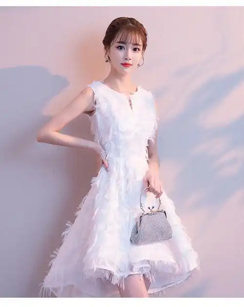 宴会白色晚礼服2019新款秋冬气质名媛聚会年会派对洋装小礼服短款