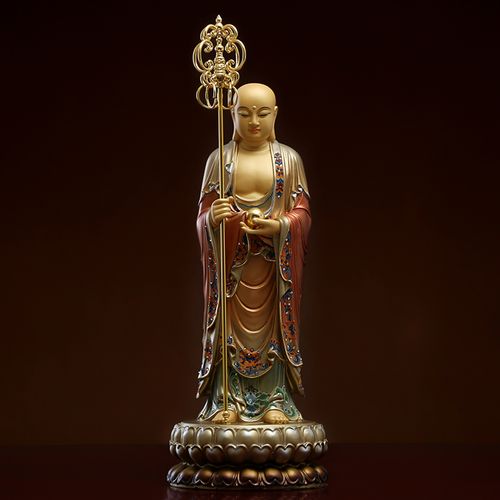 彩绘地藏菩萨站立铜像九华山地藏王菩佛像纯铜家用地藏王供佛摆件