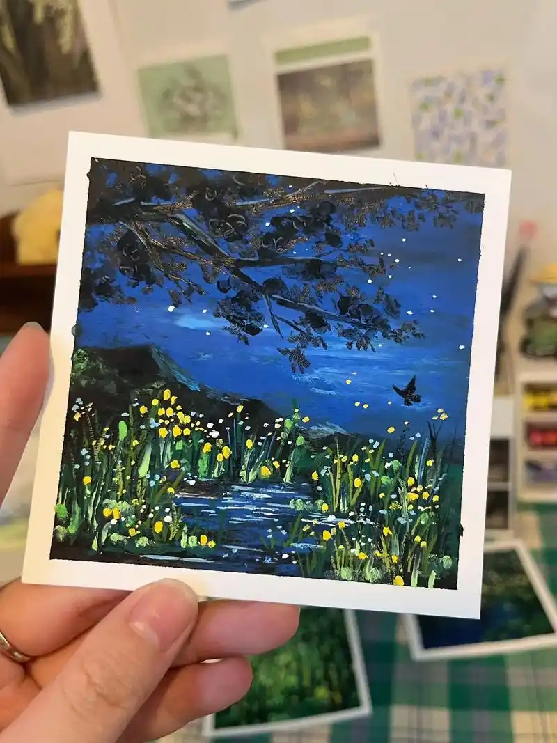 油画棒」盛夏夜晚 | 手绘风景画.夜晚的小溪边树下花丛里 - 抖音