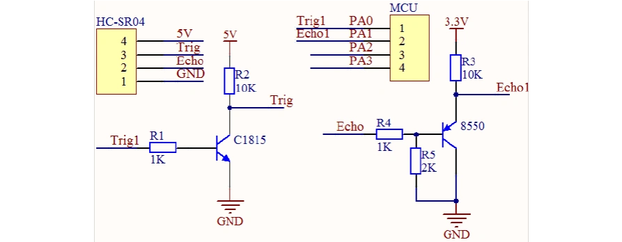 hc-rs04超声波模块5v转3.3v使用电路图