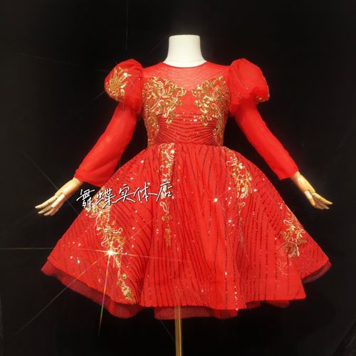 儿童礼服女孩公主裙女童红色亮片学生演出服哈尔滨现货舞蝶实体店