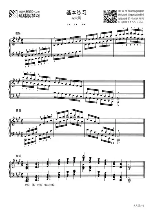 基本练习 第一套 a大调(选自武汉音乐学院钢琴考级教程五级)