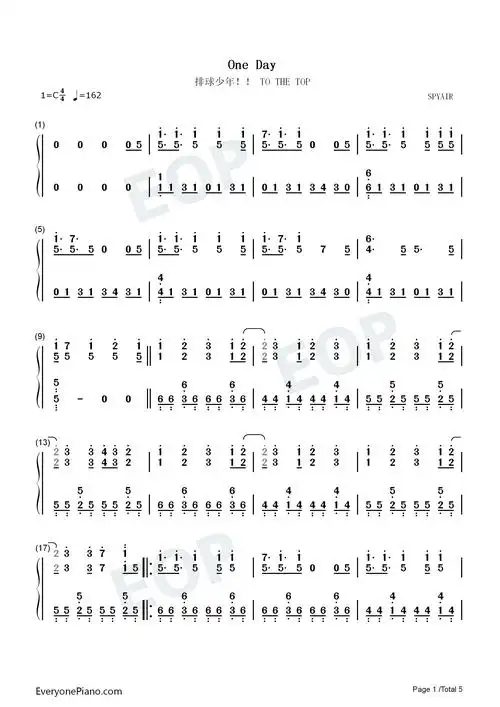 oneday排球少年tothetop片尾曲双手简谱预览1