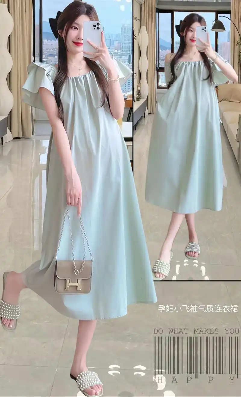 夏季新款中长款小飞袖宽松潮妈洋气时尚连衣裙!小飞袖设计
