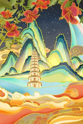 背景卡通古风建筑竹林祥云国潮插画背景卡特古代建筑凉亭元素城市建筑