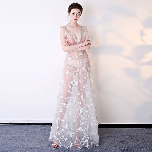 透明纱性感连衣裙蕾丝深v镂空礼服夜总店显瘦小个子旗袍女装公主裙