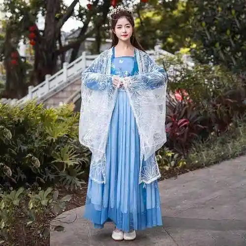 鲛人泪星空汉服古装高腰齐胸襦裙日常女蓝色大袖衫三米六米摆裙