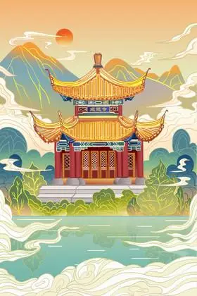国潮寺庙风景插画图片