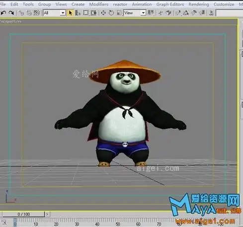 带中国式斗笠帽子的功夫熊猫卡通动画角色3dmax模型!含贴图