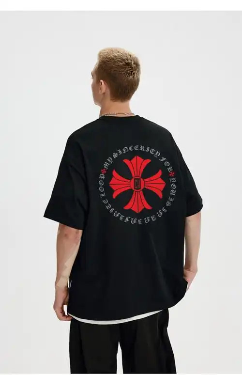 克罗心ch马蹄十字架美式重磅复古印花短袖t恤男国潮宽松设计感小众