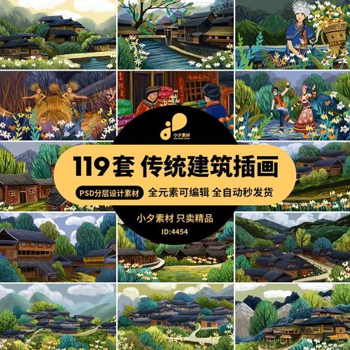 19套  湘西少数民族苗族传统建筑茅草房屋服饰手绘海报插画psd设