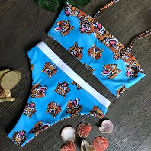 虎纹高腰细绳比基尼天蓝色泳装极致微型迷你比基尼