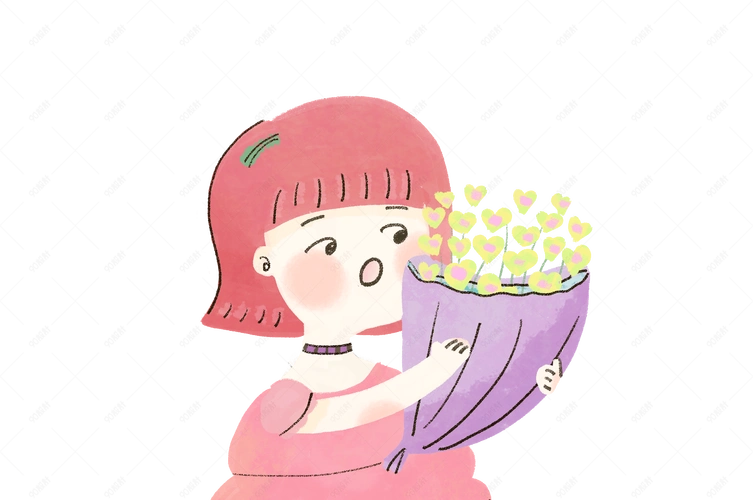 可爱甜美的小女孩抱花手绘插画