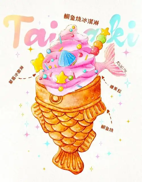 水彩美食临摹20鲷鱼烧冰激凌