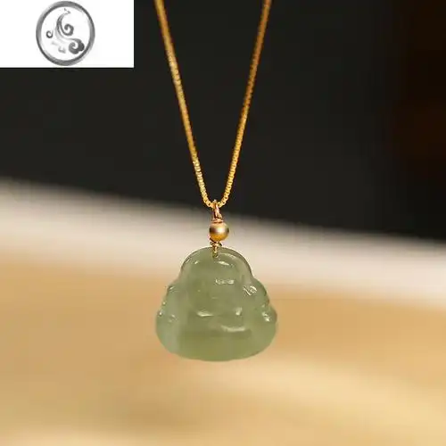jimi弥勒佛和田玉项链女夏银银锁骨链玉石无事牌玉坠碧玉吊坠玉佛
