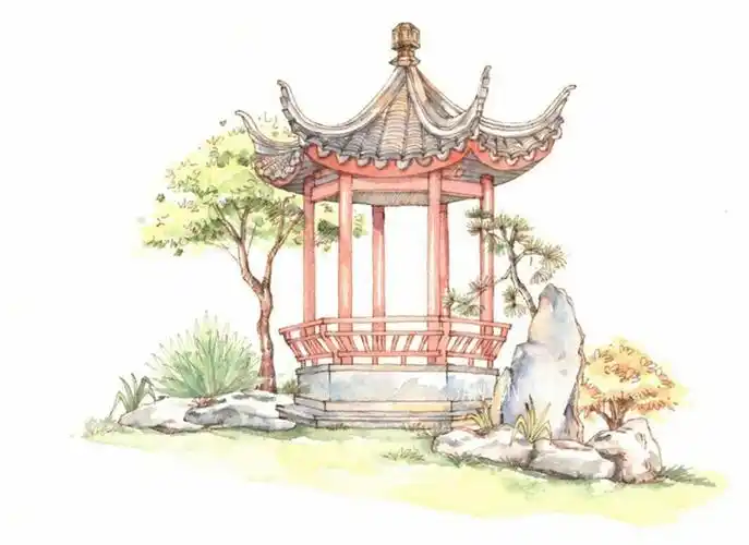 中国风亭子建筑水彩画图片 - 堆糖,美图壁纸兴趣社区