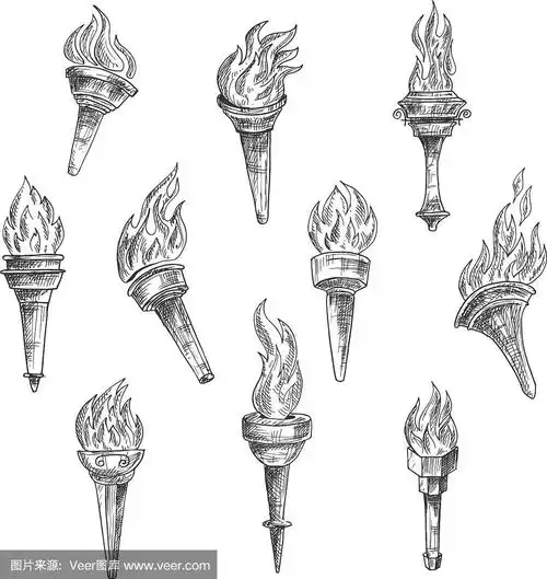 燃烧的火炬在复古素描风格