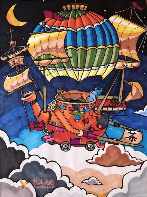 小学生三等奖获奖科幻画《幻想热气飞船》