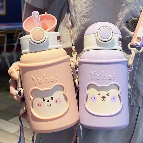 可爱保温杯女生超萌女吸管式斜挎可背2021网红款学生弹跳盖水杯