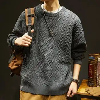 石头小猪名面毛衣男宽松针织衫男士冬季圆领毛线衣男生加厚套头线衣大