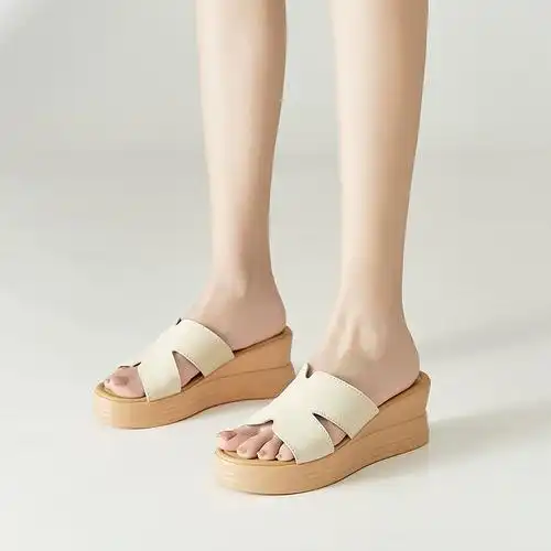 zhr坡跟凉拖女2023年夏季新款休闲外穿软底半拖真皮厚底百搭拖鞋