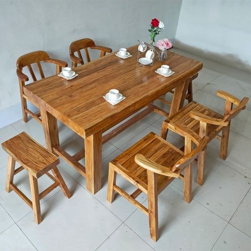 老榆木餐桌实木长方形家用饭店餐厅原木板靠背椅子餐桌椅组合