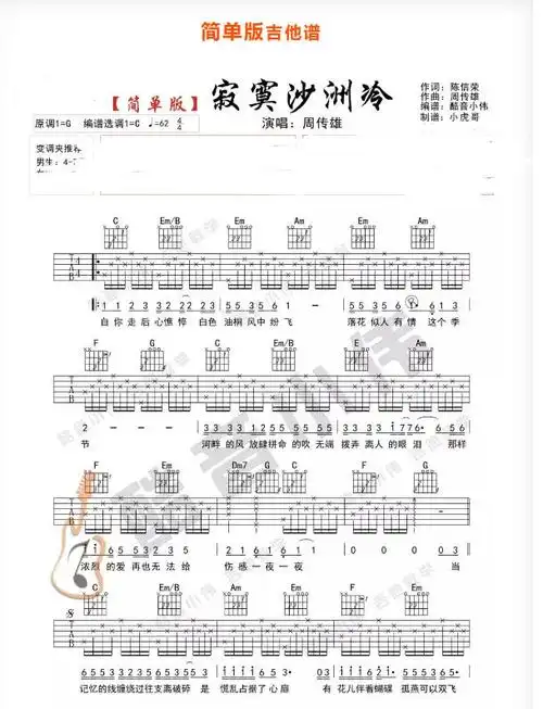 寂寞沙洲冷吉他谱c调简单版 周传雄