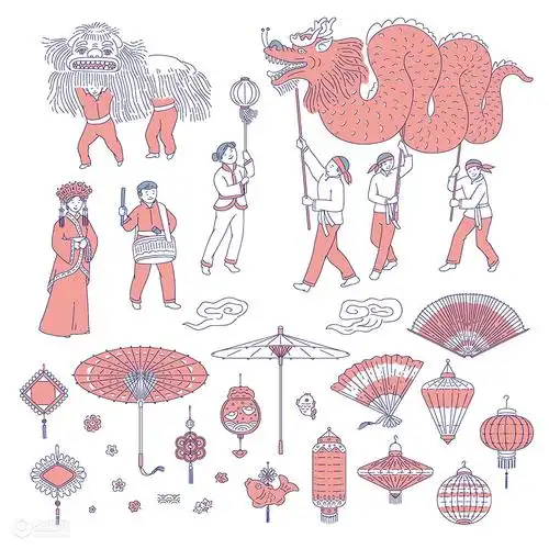 舞狮舞龙 中国风传统文化手绘插画