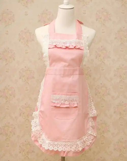 韩式玫瑰蕾丝花边棉布纯色围裙