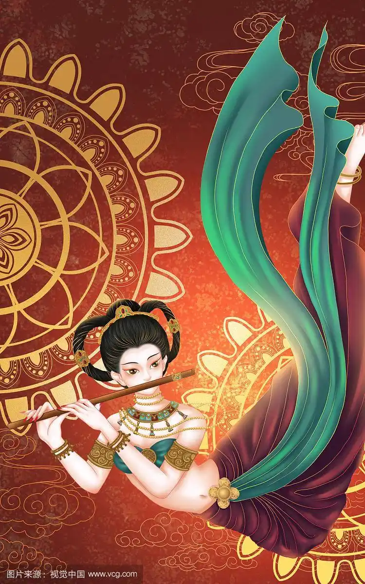 敦煌飞天吹笛子神女插画