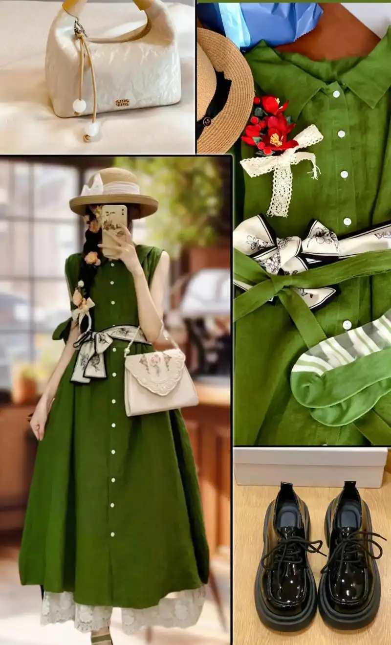 魅惑复古法式绿色连衣裙
