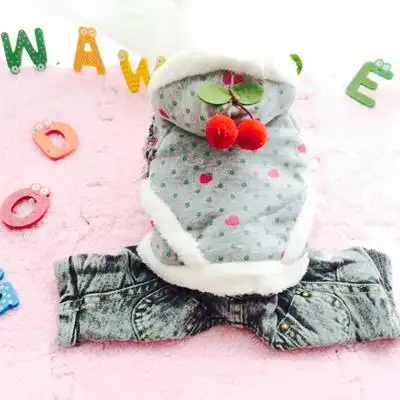 樱桃做旧牛仔套装 宠物泰迪狗狗贵宾犬比熊小衣服装秋冬四脚裤厚