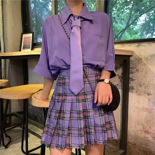 裙套装_紫色百褶裙高腰a字制服女装半身裙显瘦学院风短裙jk格子裙子